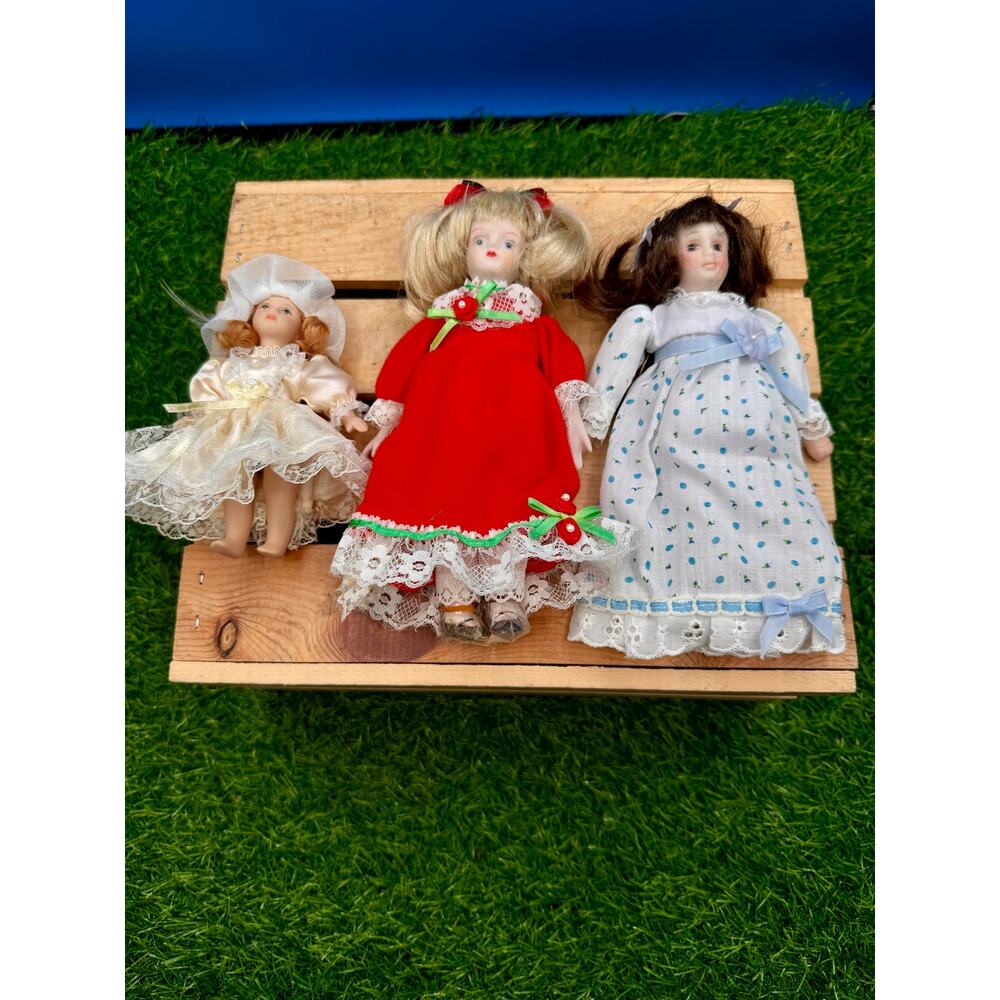 Lot of 3 Vintage Miniature Porcelain Collector Dolls – Victorian & Holiday Style